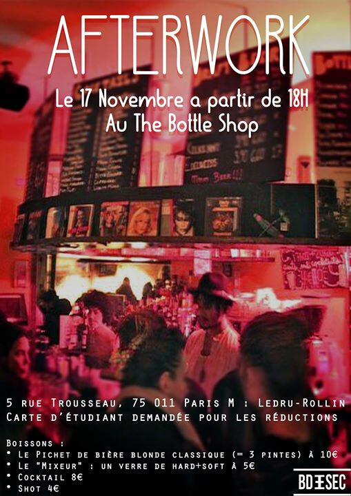 3 ème After Work de l'année : Jeudi 17 Nov au The Bottle Shop