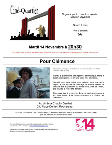 "Pour Clémence" de Charles Belmont (1977) . Projection suivie d'un débat avec Marielle Issartel, co-scénariste et monteuse de ce film.