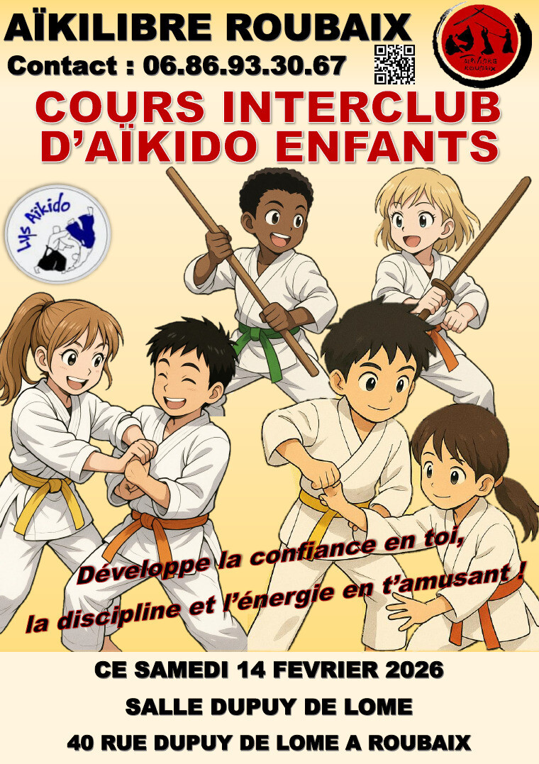 Cours spécial InterClub d'Aikido enfants, ce samedi 14 février 2026 de 10h à 11h30, Salle Dupuy de Lome, à Roubaix