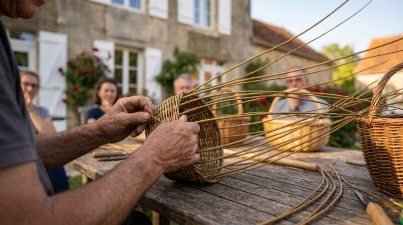 Démonstration de vannerie par Benoît Besancenot. Création de plessis.