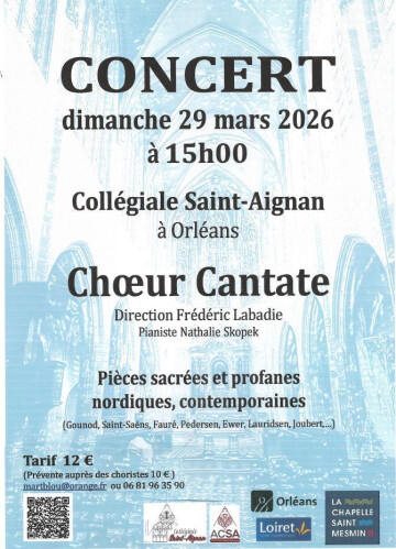 Concert Cantate dimanche 29 mars 15h00 St Aignan