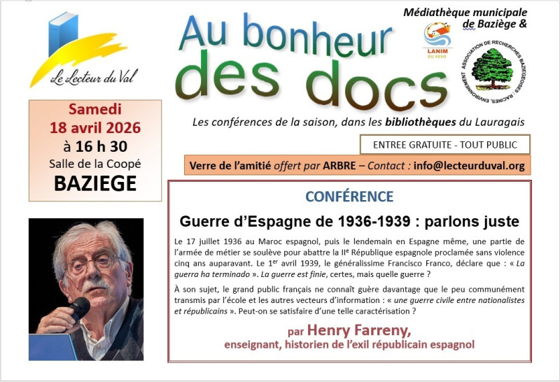 Conférence à Baziège : "Guerre d'espagne de 1936-1939 : parlons juste !", par Henry Farreny