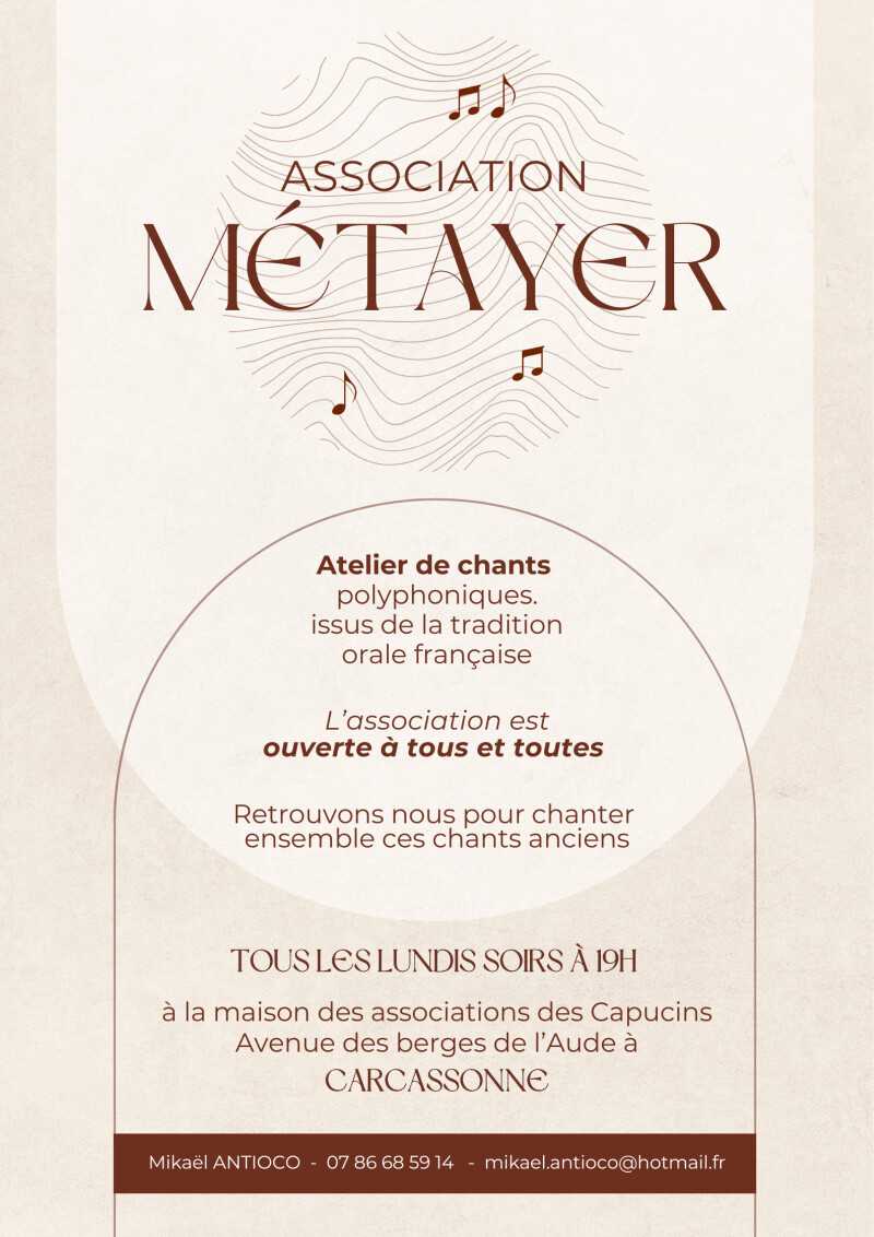 Atelier de chant polyphonique, chants traditionnels français, tous les lundis soir à Carcassonne de 19h à 20h30 (avenue des berges de l'Aude)
