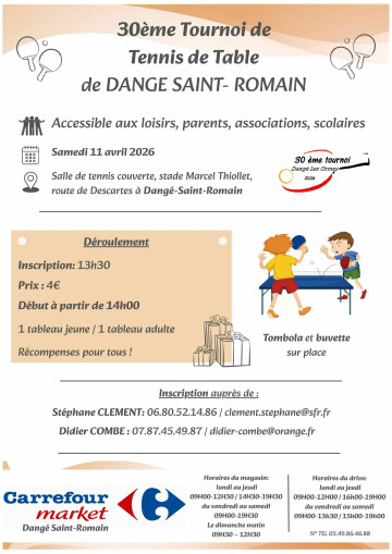 30ème TOURNOI DU TENNIS DE TABLE LOISIRS - LE 11/04