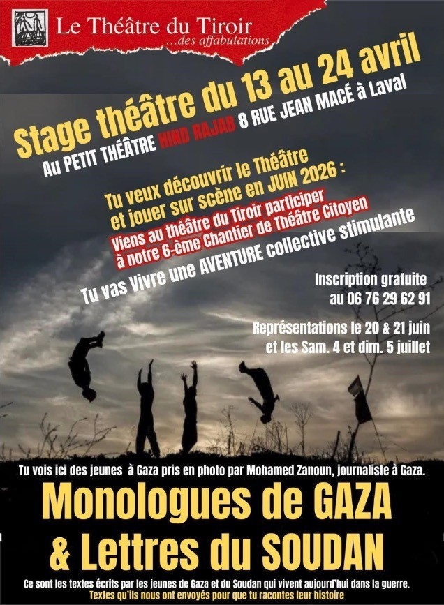 Stage théâtre : MONOLOGUES DE GAZA & LETTRES DU SOUDAN