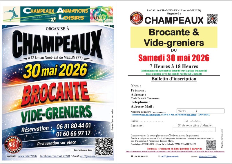 VIDE-GRENIERS à CHAMPEAUX (77) le 30/05/2026