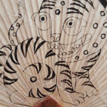 Atelier Tigre et pie sur un éventail