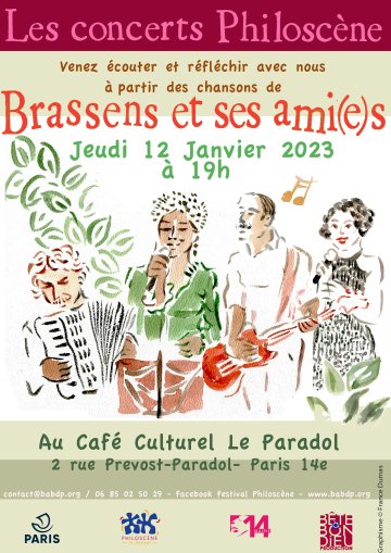 Concert Philoscène "Brassens et ses ami-e-s" au Paradol. Café culturel de la Régie de quartier Paris 14