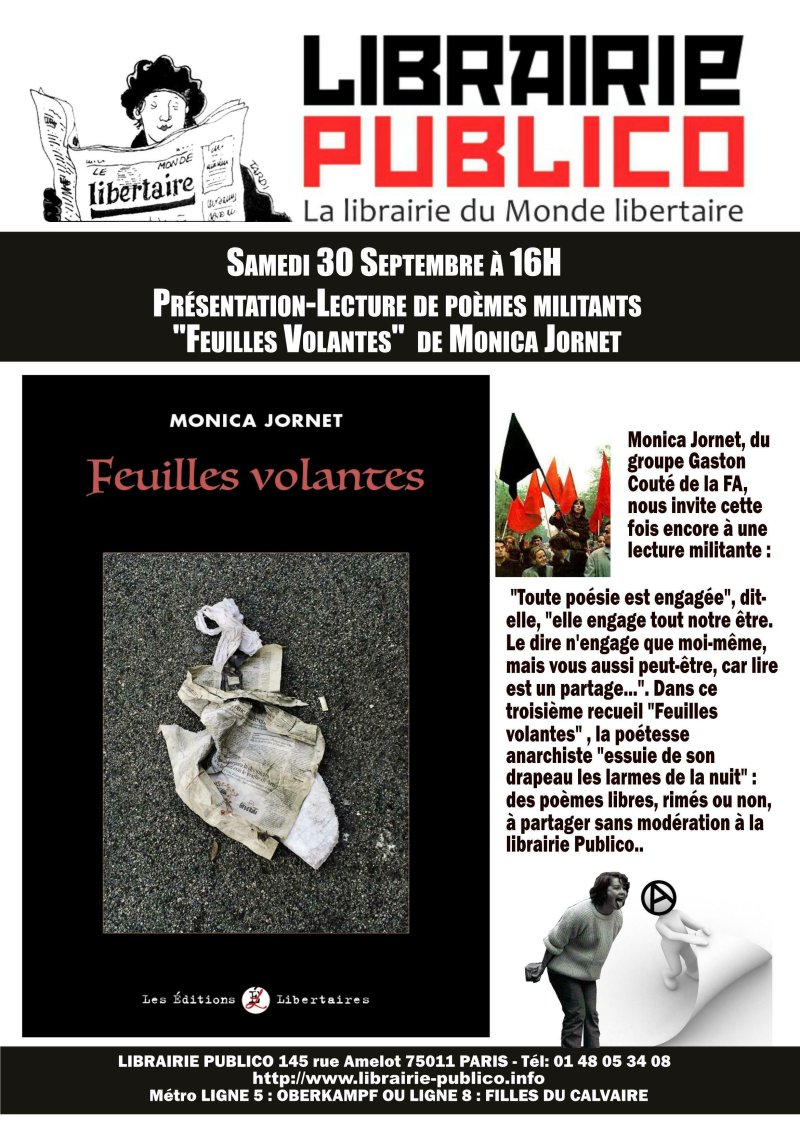 ANIMATION REPORTEE A UNE DATE ULTERIEURE Présentation-Lecture de poèmes militants | « Feuilles volantes » / de Monica Jornet (Éditions Libertaires )