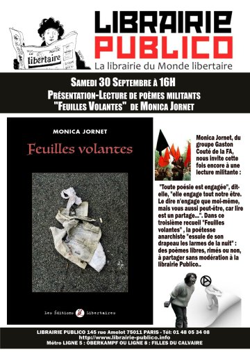 ANIMATION REPORTEE A UNE DATE ULTERIEURE Présentation-Lecture de poèmes militants | « Feuilles volantes » / de Monica Jornet (Éditions Libertaires )