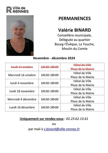 Permanences de Mme Valérie Binard, Conseillère municipale, Déléguée au quartier Bourg-l'Évêque, La Touche, Moulin du Comte