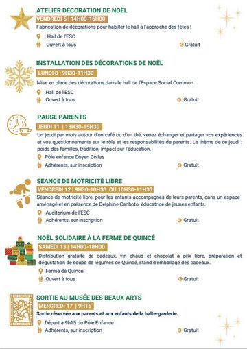Centre Ker Yann activités du mois de décembre