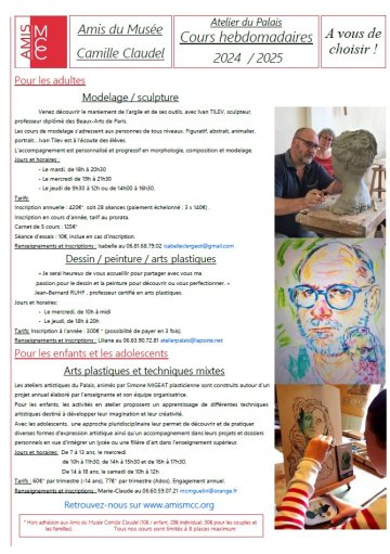 Cours hebdomadaire d'arts par "Les amis du Musée Camille Claudel" à Nogent-sur-Seine