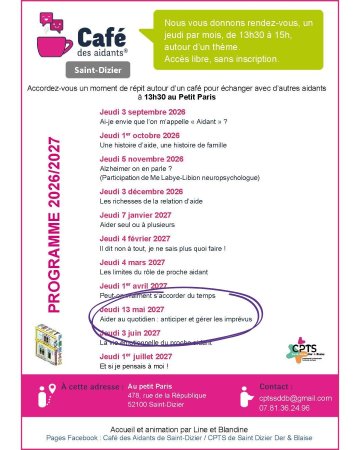 Café des Aidants – Saint-Dizier : Aider au quotidien : anticiper et gérer les imprévus