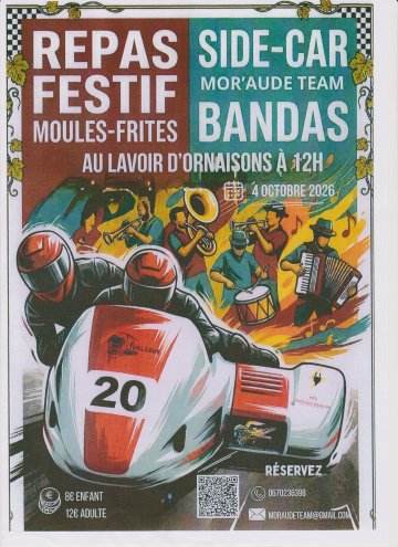 Repas festif Moules Frites Bandas petite expo véhicules le 4 Octobre à Ornaisons (11200)  Organisé par le Team Mor'aude