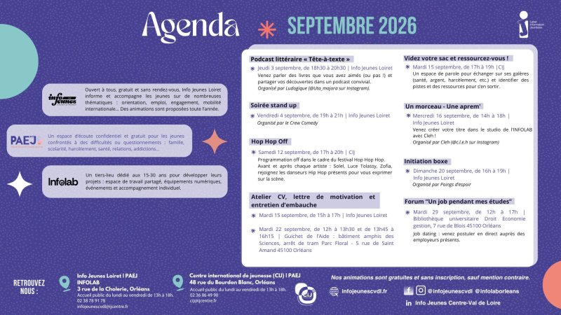 Agenda septembre 2026 - Info Jeunes Loiret / PAEJ