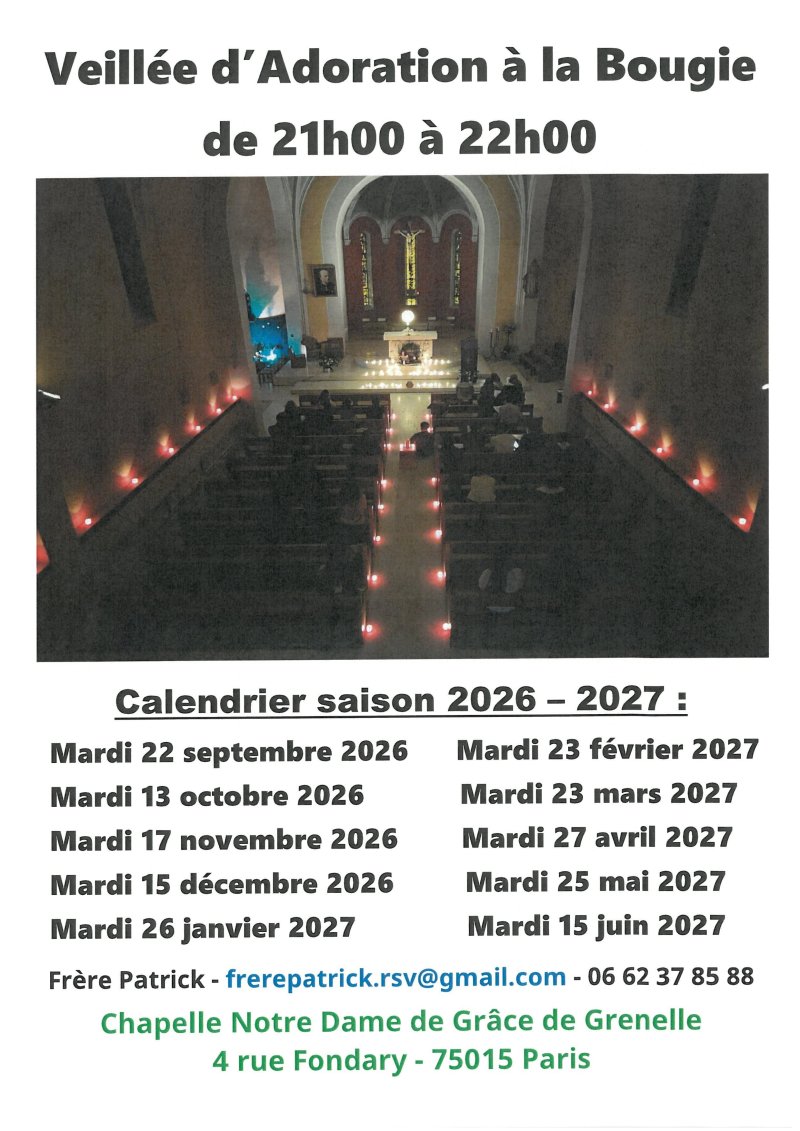 Veillée d'Adoration à la Bougie à ND de Grâce de Grenelle 75015 Calendrier 2026 - 2027