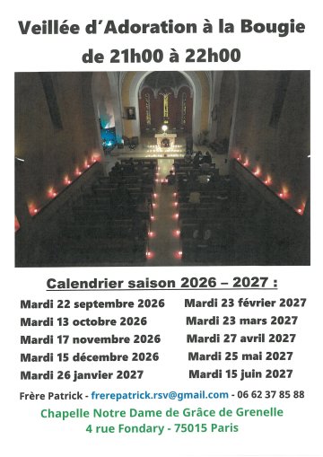 Veillée d'Adoration à la Bougie à ND de Grâce de Grenelle 75015 Calendrier 2026 - 2027