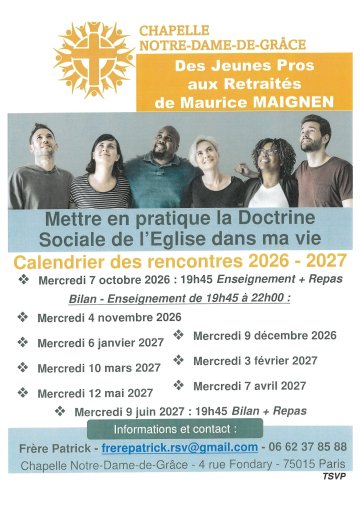 Formation Jeunes Pros à Retraités à ND de Grâce de Grenelle 75015 Calendrier 2026 - 2027