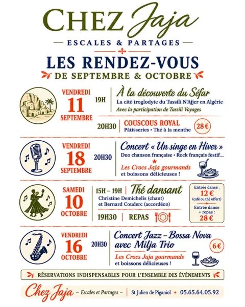 Les rendez-vous de septembre et octobre chez Jaja - Escales & partages