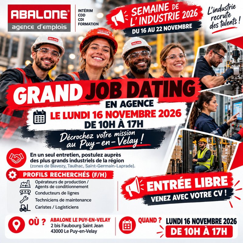 Job Dating Industrie : Décrochez votre mission au Puy-en-Velay !