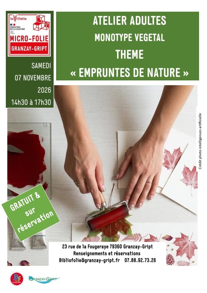 Atelier adultes monotype végétal – empreintes de nature au musée numérique Micro-Folie à Granzay-Gript