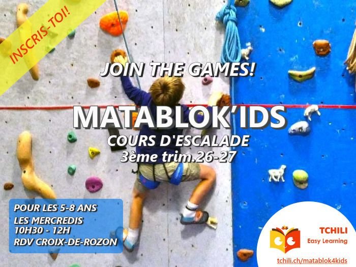 Cours hebdomadaires d’escalade MataBloK’ids pour enfants de 5 à 8 ans 3ème trimestre 2026-27