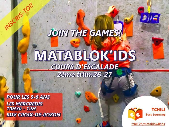 Cours hebdomadaires d’escalade MataBloK’ids pour enfants de 5 à 8 ans 2ème trimestre 2026-27