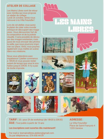 Atelier de collages lundi 26 octobre de 18h30 à 20h30 à la Villa Freundler à Plainpalais. Pour adultes et ados. Tarif avec matériel fourni Frs 20.-