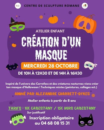 Le mercredi 28 octobre, le Centre de Sculpture Romane de Cabestany propose un atelier enfant spécial Halloween : « Création d’un masque » ! 🎃
