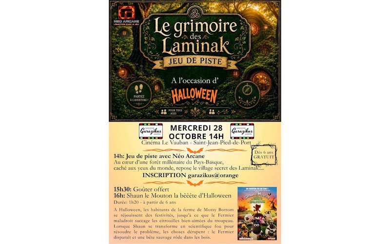 Jeu de piste "Le grimoire des Laminak", goûter et  film "Shaun le Mouton la bêêêête d'Halloween"