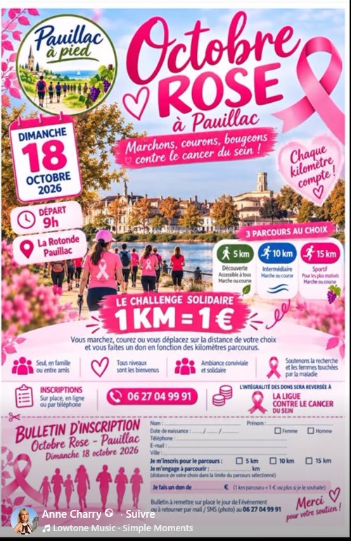 Octobre Rose 2026 avec "Pauillac à Pied" : challenge solidaire 1km = 1€