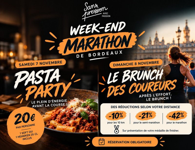 Marathon de Bordeaux 2026 : Pasta Party et brunch des coureurs au Sans Pression !
